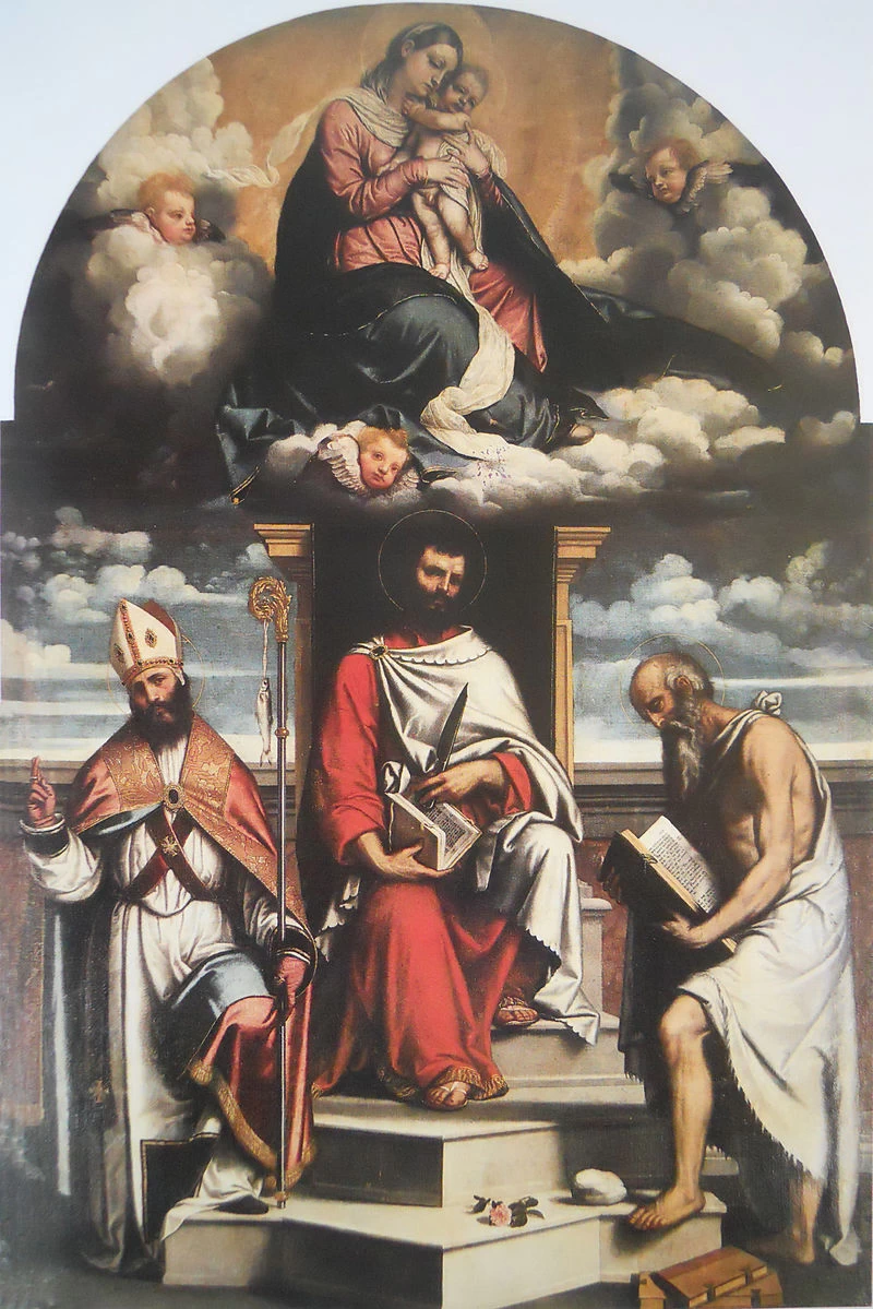180-Alessandro Bonvicino-Moretto-Madonna in trono col Bambino in gloria con i santi Zenone, Andrea e Girolamo-Calvisano